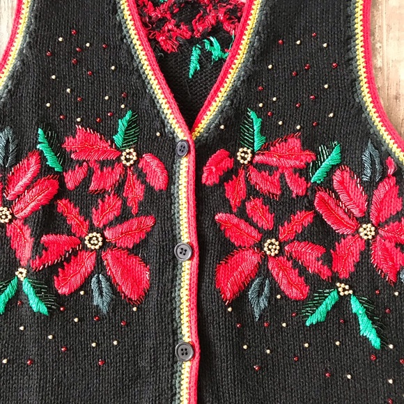 Vintage Ugly Christmas Sweater Vest Poinsettias - Picture 2 of 6